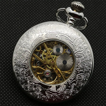 Antique Mechanical Pocket Watch Hand-Winding Hanging Pendant Clock with Necklace Chain+Leather Chains Present Sets for Men