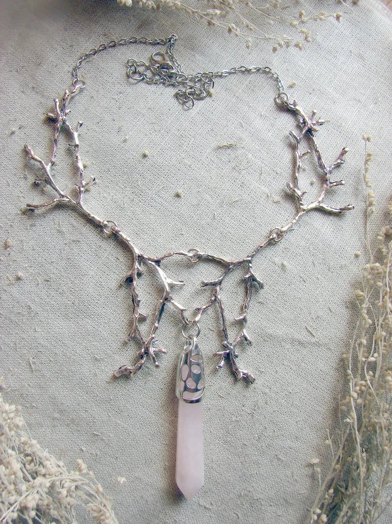 White Crystal Crescent Moon Branches Necklace