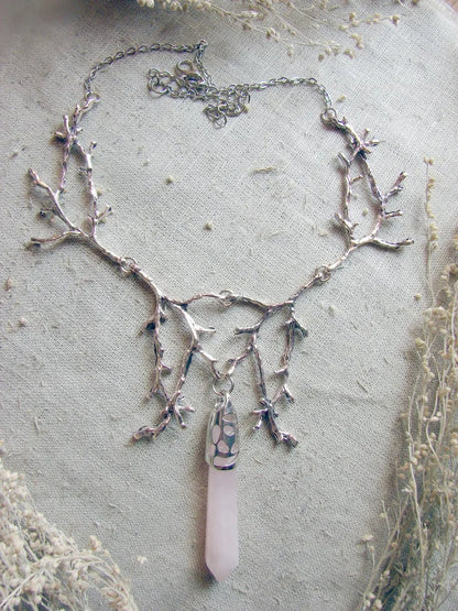 White Crystal Crescent Moon Branches Necklace