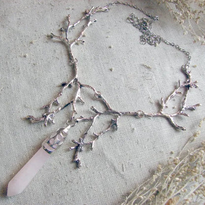 White Crystal Crescent Moon Branches Necklace
