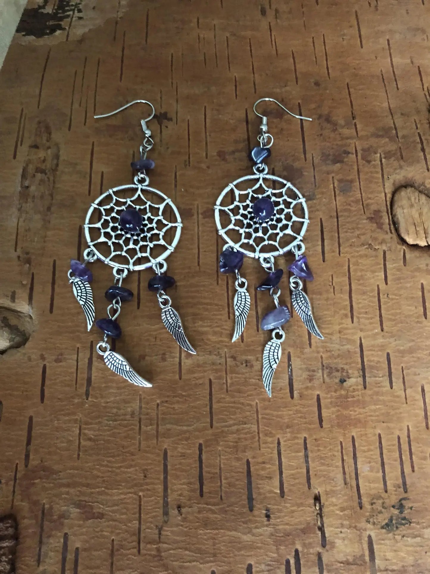 Sterling Silver Raw Amethyst Dream Catcher drop Earrings