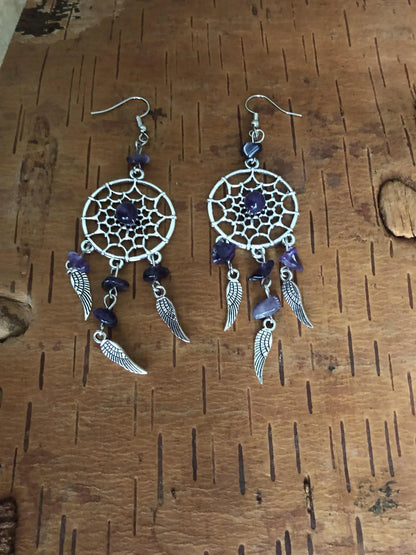 Sterling Silver Raw Amethyst Dream Catcher drop Earrings