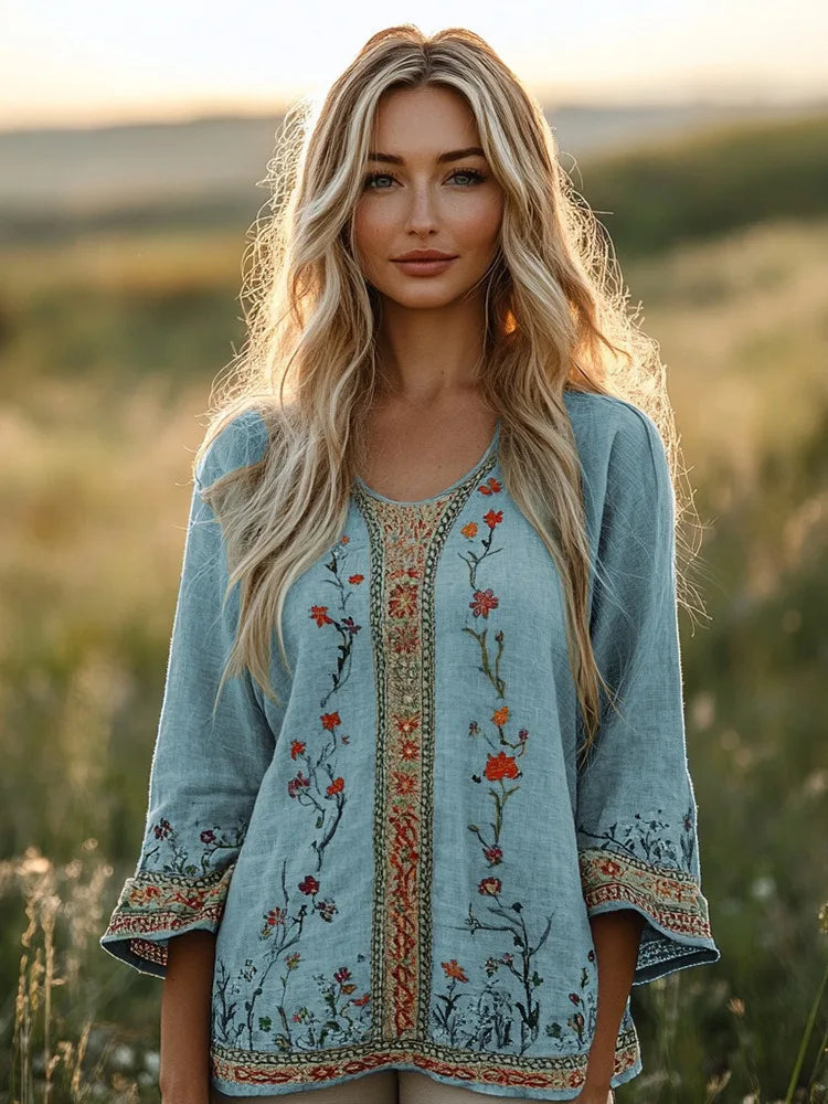 Women's Round Neck Long Sleeve Bohemian Top