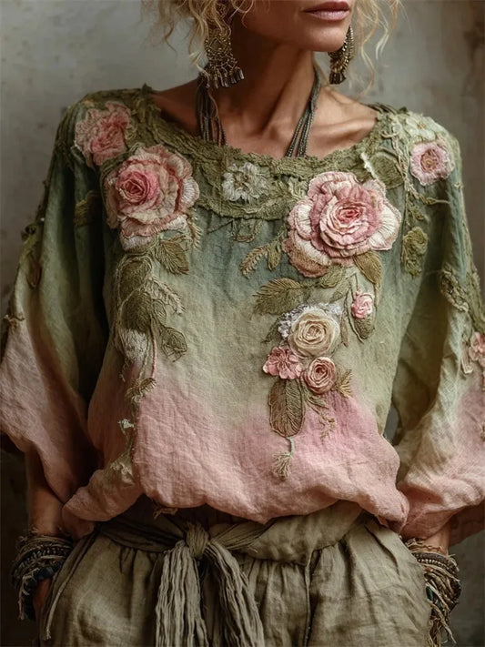 Women's Round Neck Long Sleeve Bohemian Top