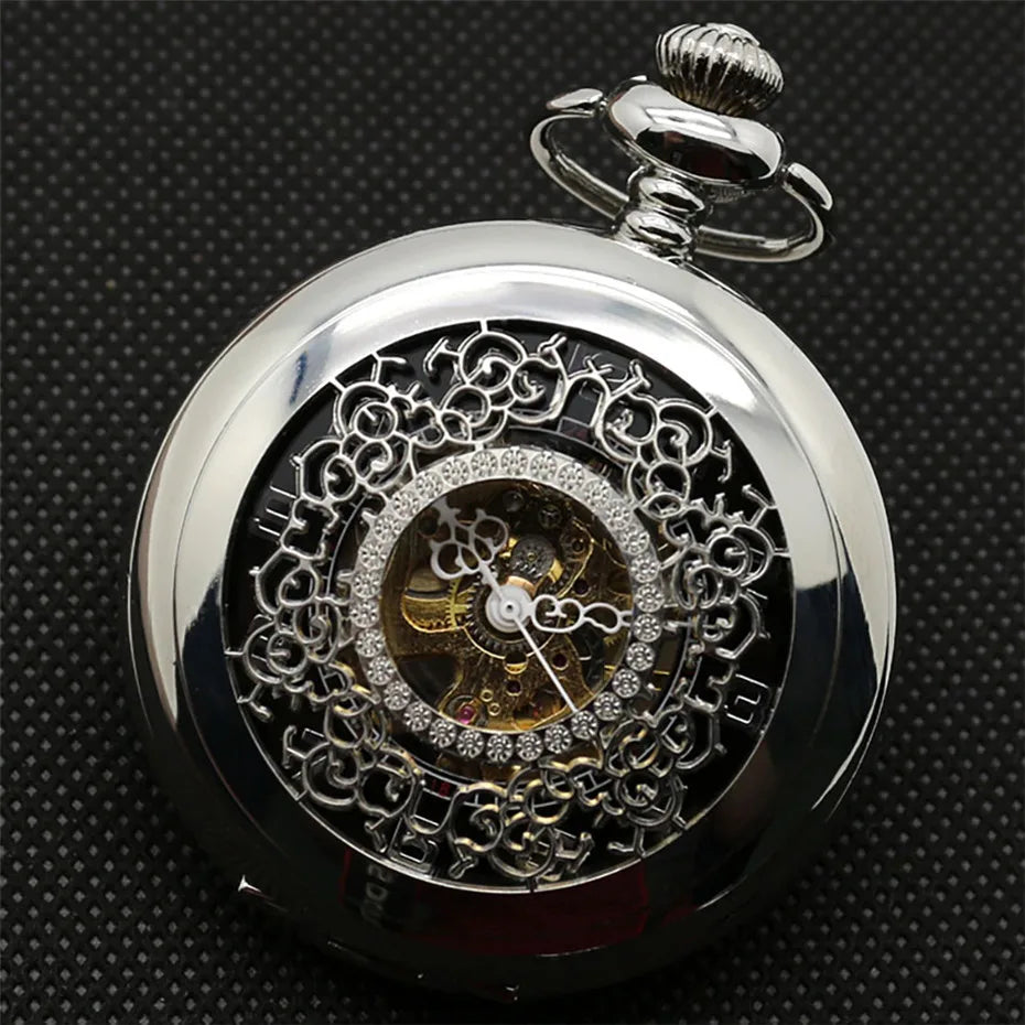 Antique Mechanical Pocket Watch Hand-Winding Hanging Pendant Clock with Necklace Chain+Leather Chains Present Sets for Men