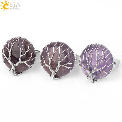 CSJA Natural Stone Round Cabochon Ring Silver Color Reiki Tree of Life Wire Wrap Finger Rings Size Adjustable for Women Men G241