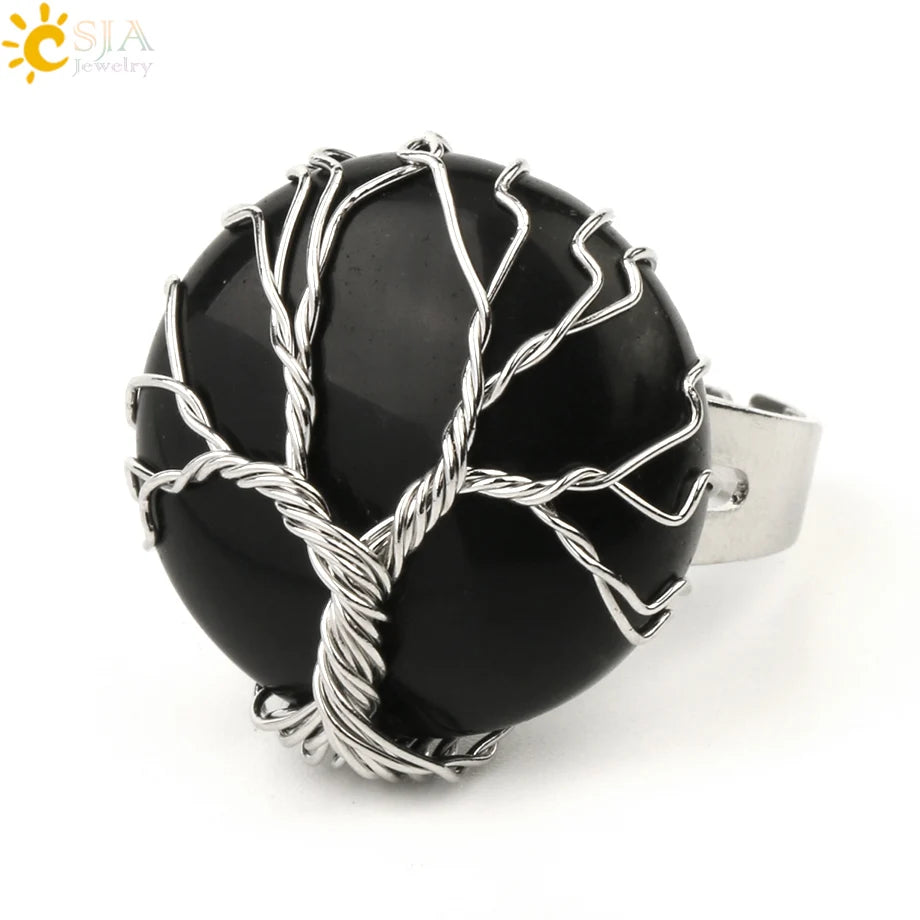 CSJA Natural Stone Round Cabochon Ring Silver Color Reiki Tree of Life Wire Wrap Finger Rings Size Adjustable for Women Men G241