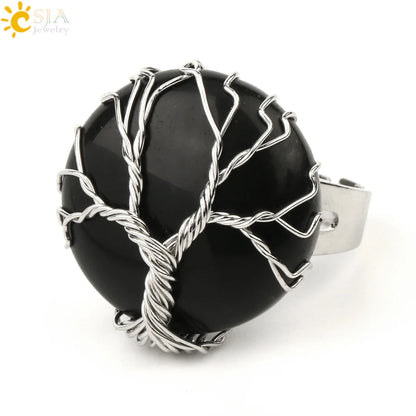 CSJA Natural Stone Round Cabochon Ring Silver Color Reiki Tree of Life Wire Wrap Finger Rings Size Adjustable for Women Men G241