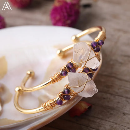 Natural White Quartz Chunky Beads Open Cuff Bangle Women Amethysts Quartz Round Beads Wire Wrap Gold Copper Open Bracelet