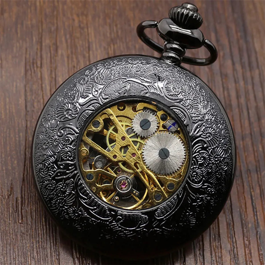 Antique Mechanical Pocket Watch Hand-Winding Hanging Pendant Clock with Necklace Chain+Leather Chains Present Sets for Men