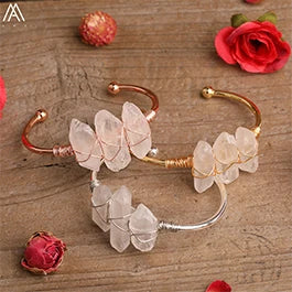 Natural White Quartz Chunky Beads Open Cuff Bangle Women Amethysts Quartz Round Beads Wire Wrap Gold Copper Open Bracelet