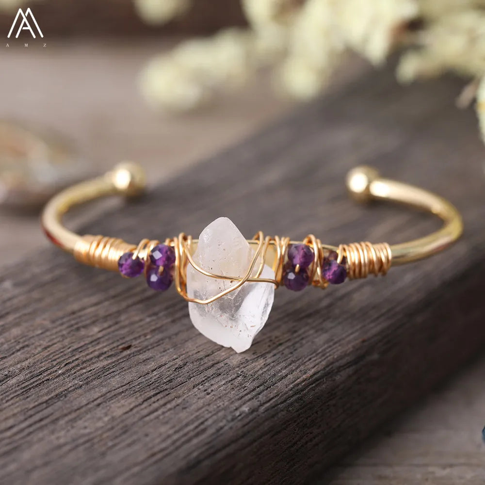 Natural White Quartz Chunky Beads Open Cuff Bangle Women Amethysts Quartz Round Beads Wire Wrap Gold Copper Open Bracelet