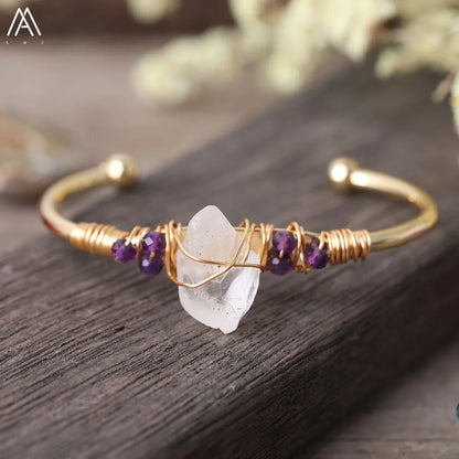 Natural White Quartz Chunky Beads Open Cuff Bangle Women Amethysts Quartz Round Beads Wire Wrap Gold Copper Open Bracelet