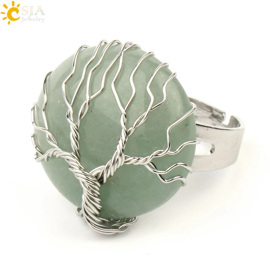 CSJA Natural Stone Round Cabochon Ring Silver Color Reiki Tree of Life Wire Wrap Finger Rings Size Adjustable for Women Men G241
