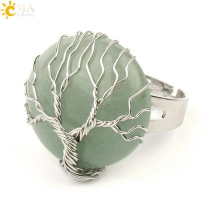 CSJA Natural Stone Round Cabochon Ring Silver Color Reiki Tree of Life Wire Wrap Finger Rings Size Adjustable for Women Men G241