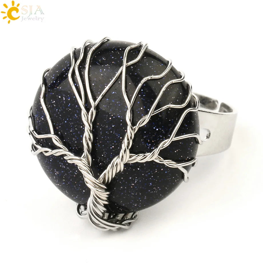 CSJA Natural Stone Round Cabochon Ring Silver Color Reiki Tree of Life Wire Wrap Finger Rings Size Adjustable for Women Men G241