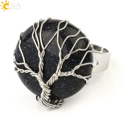 CSJA Natural Stone Round Cabochon Ring Silver Color Reiki Tree of Life Wire Wrap Finger Rings Size Adjustable for Women Men G241