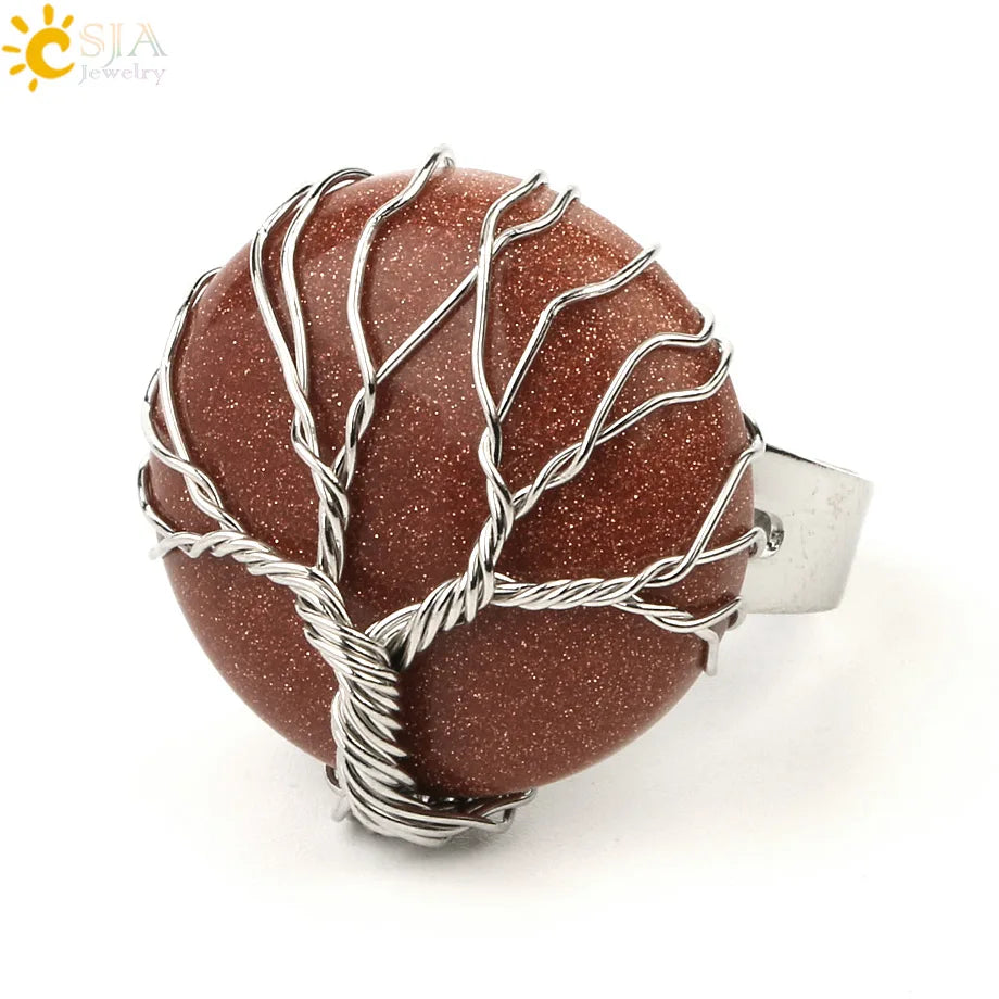 CSJA Natural Stone Round Cabochon Ring Silver Color Reiki Tree of Life Wire Wrap Finger Rings Size Adjustable for Women Men G241