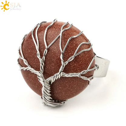CSJA Natural Stone Round Cabochon Ring Silver Color Reiki Tree of Life Wire Wrap Finger Rings Size Adjustable for Women Men G241