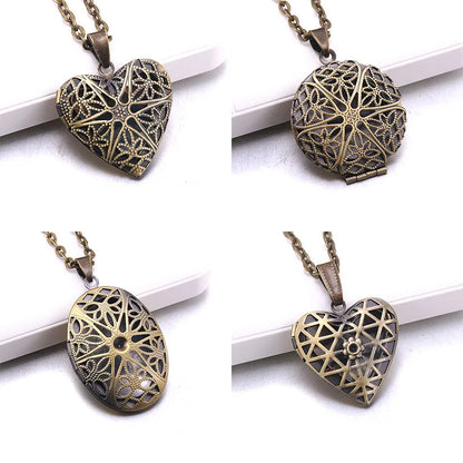Heart Carved Flower stripe Locket Pendant Necklace