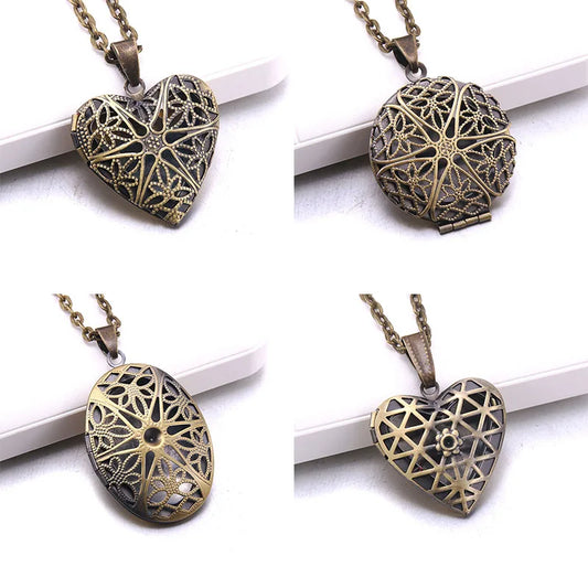 Heart Carved Flower stripe Locket Pendant Necklace