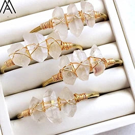 Natural White Quartz Chunky Beads Open Cuff Bangle Women Amethysts Quartz Round Beads Wire Wrap Gold Copper Open Bracelet