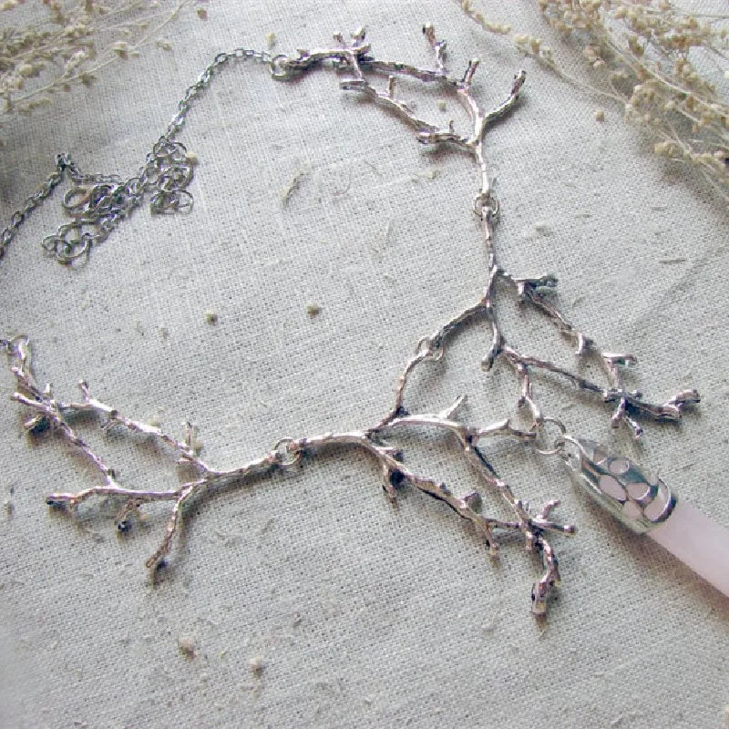 White Crystal Crescent Moon Branches Necklace