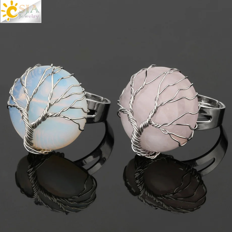 CSJA Natural Stone Round Cabochon Ring Silver Color Reiki Tree of Life Wire Wrap Finger Rings Size Adjustable for Women Men G241