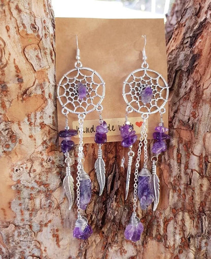 Sterling Silver Raw Amethyst Dream Catcher drop Earrings