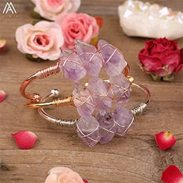Natural White Quartz Chunky Beads Open Cuff Bangle Women Amethysts Quartz Round Beads Wire Wrap Gold Copper Open Bracelet