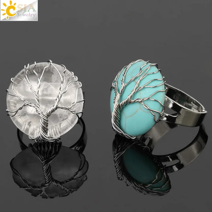 CSJA Natural Stone Round Cabochon Ring Silver Color Reiki Tree of Life Wire Wrap Finger Rings Size Adjustable for Women Men G241