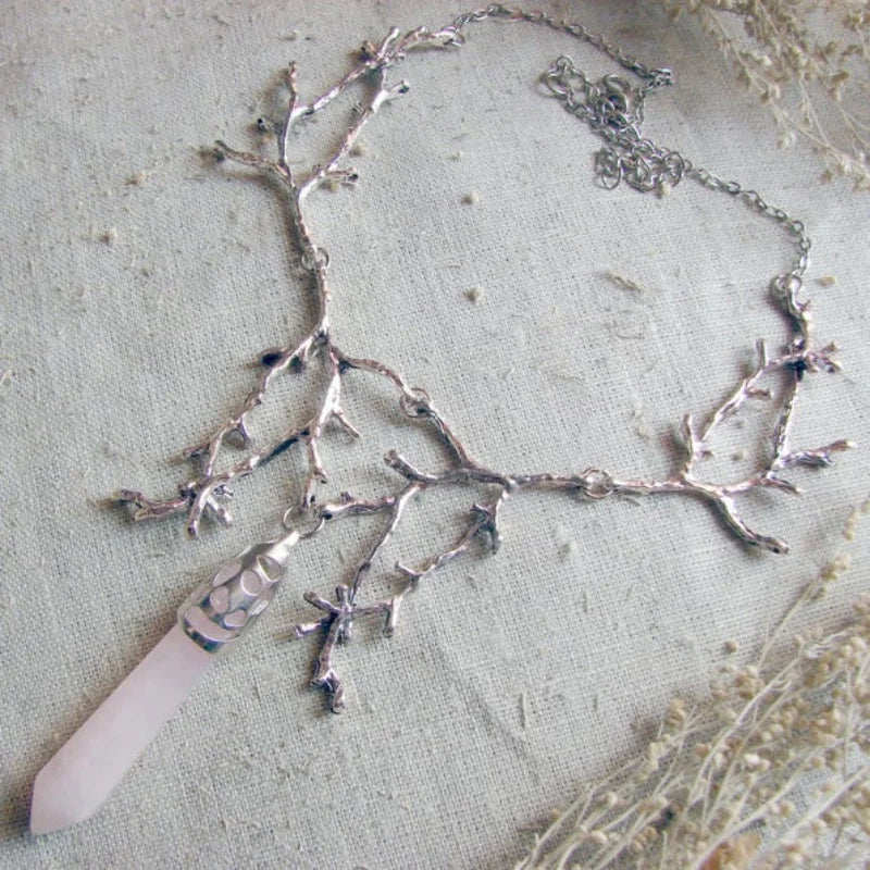 White Crystal Crescent Moon Branches Necklace