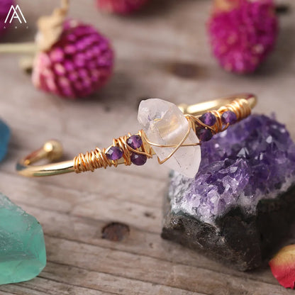 Natural White Quartz Chunky Beads Open Cuff Bangle Women Amethysts Quartz Round Beads Wire Wrap Gold Copper Open Bracelet