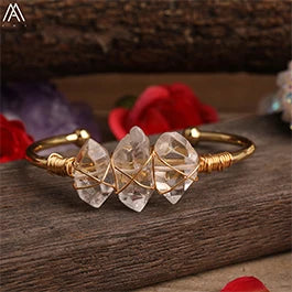 Natural White Quartz Chunky Beads Open Cuff Bangle Women Amethysts Quartz Round Beads Wire Wrap Gold Copper Open Bracelet
