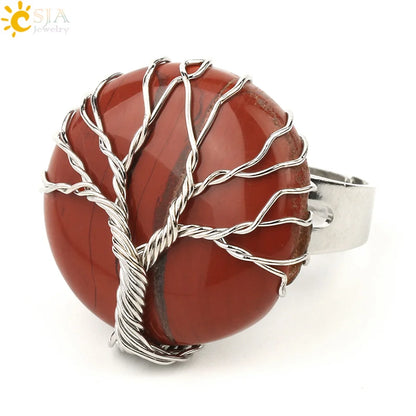 CSJA Natural Stone Round Cabochon Ring Silver Color Reiki Tree of Life Wire Wrap Finger Rings Size Adjustable for Women Men G241