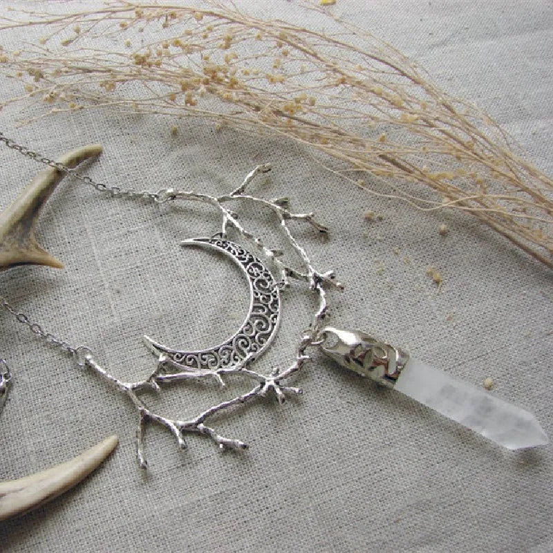 White Crystal Crescent Moon Branches Necklace