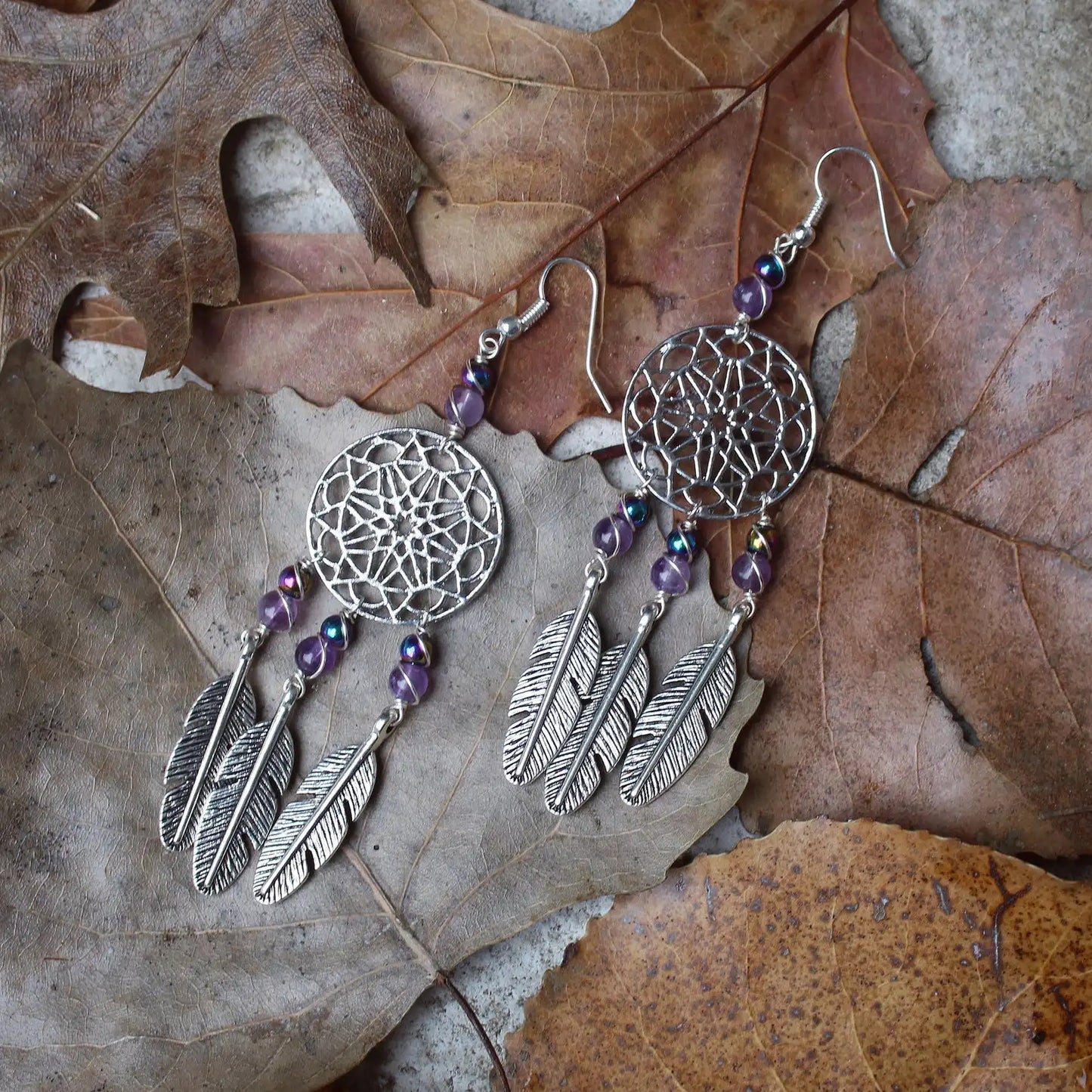 Sterling Silver Raw Amethyst Dream Catcher drop Earrings