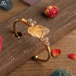 Natural White Quartz Chunky Beads Open Cuff Bangle Women Amethysts Quartz Round Beads Wire Wrap Gold Copper Open Bracelet