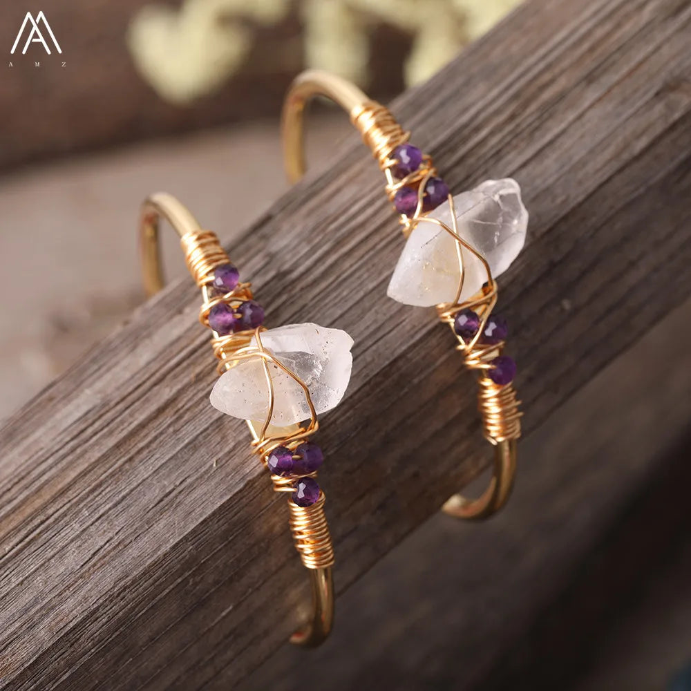 Natural White Quartz Chunky Beads Open Cuff Bangle Women Amethysts Quartz Round Beads Wire Wrap Gold Copper Open Bracelet
