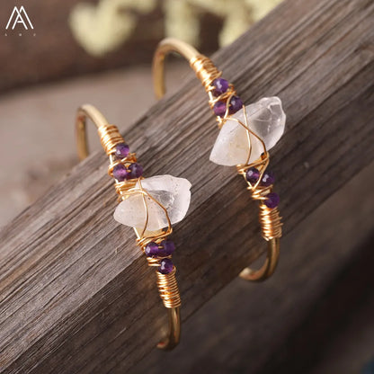 Natural White Quartz Chunky Beads Open Cuff Bangle Women Amethysts Quartz Round Beads Wire Wrap Gold Copper Open Bracelet