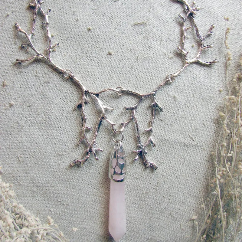 White Crystal Crescent Moon Branches Necklace
