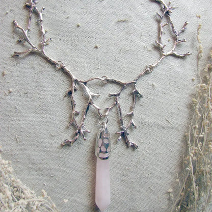 White Crystal Crescent Moon Branches Necklace