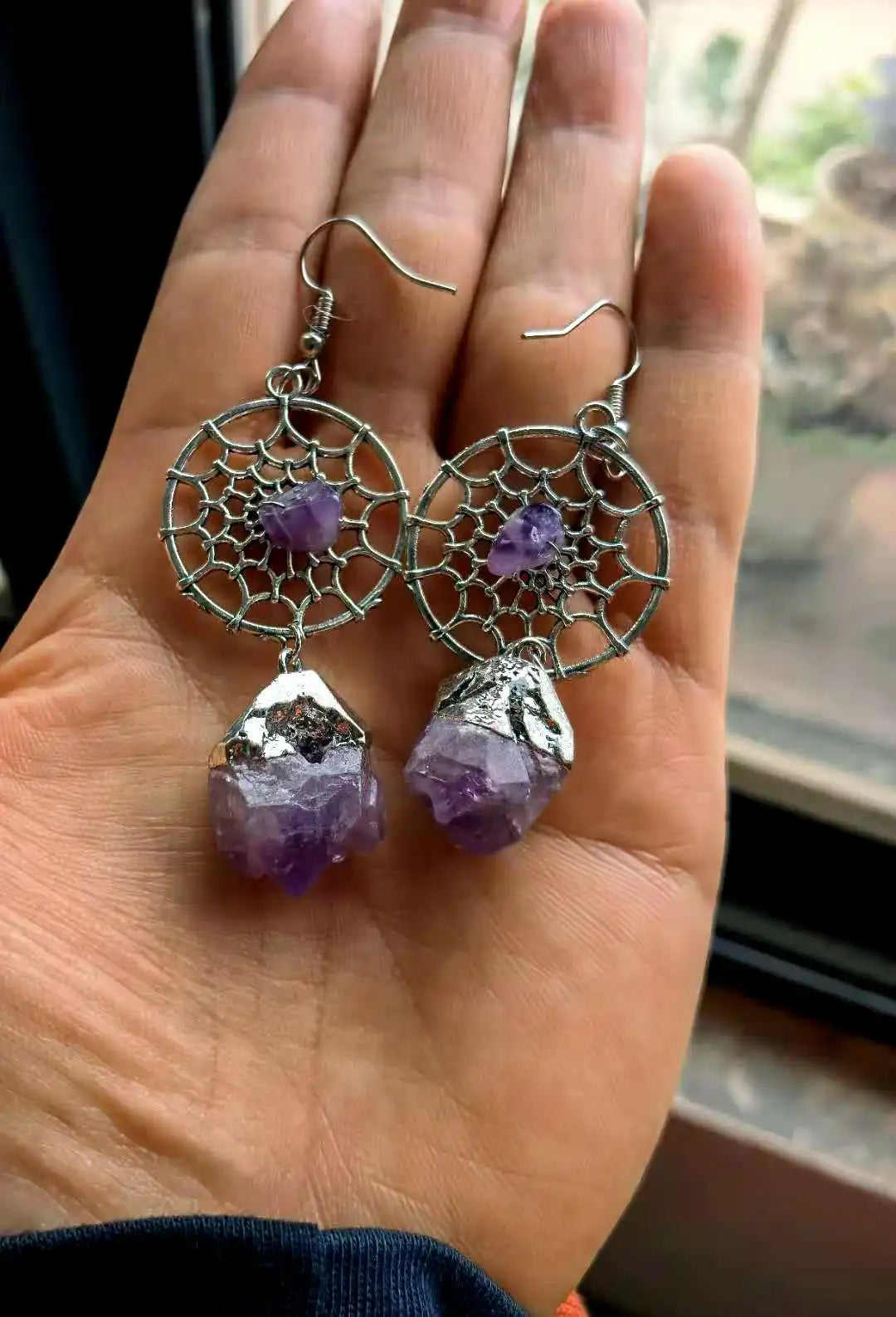 Sterling Silver Raw Amethyst Dream Catcher drop Earrings