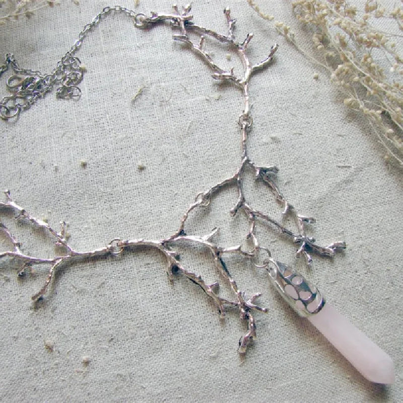 White Crystal Crescent Moon Branches Necklace