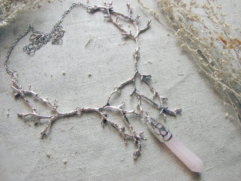 White Crystal Crescent Moon Branches Necklace