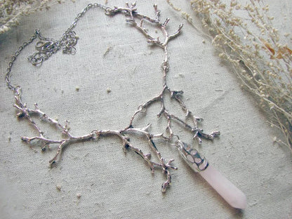 White Crystal Crescent Moon Branches Necklace