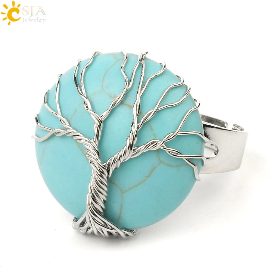 CSJA Natural Stone Round Cabochon Ring Silver Color Reiki Tree of Life Wire Wrap Finger Rings Size Adjustable for Women Men G241