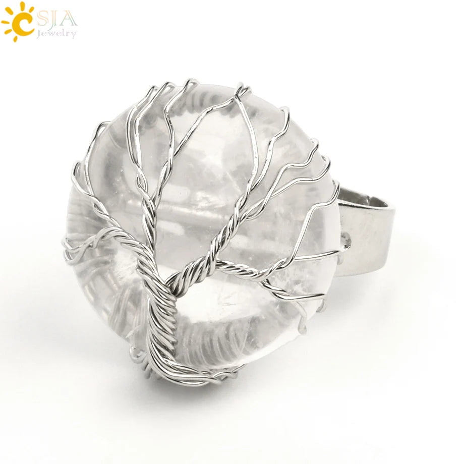 CSJA Natural Stone Round Cabochon Ring Silver Color Reiki Tree of Life Wire Wrap Finger Rings Size Adjustable for Women Men G241