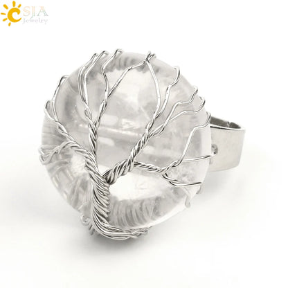 CSJA Natural Stone Round Cabochon Ring Silver Color Reiki Tree of Life Wire Wrap Finger Rings Size Adjustable for Women Men G241