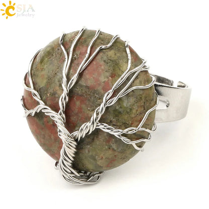 CSJA Natural Stone Round Cabochon Ring Silver Color Reiki Tree of Life Wire Wrap Finger Rings Size Adjustable for Women Men G241